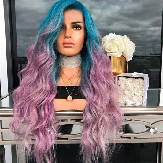 Blue-purple Gradient-dyed Wig Made Of Synthetic Fiber